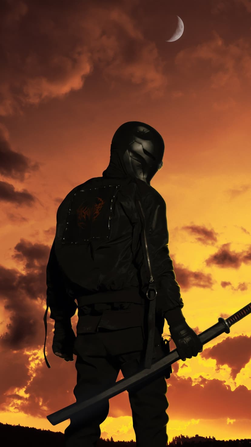 Ninja warrior in a black helmet holding a katana against a red sunset sky with a visible crescent moon.