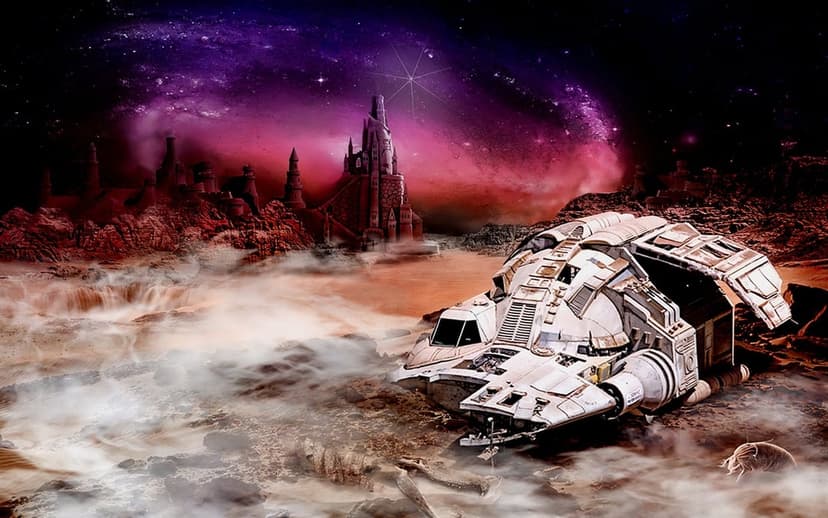 White futuristic spaceship sits on a dusty planet surface with a purple nebula and gothic spires in the distance.