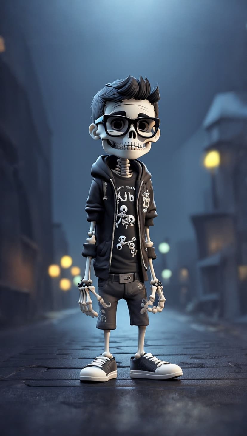 Skeleton child wearing glasses and a hoodie stands on a wet street with blurred yellow city lights behind him.