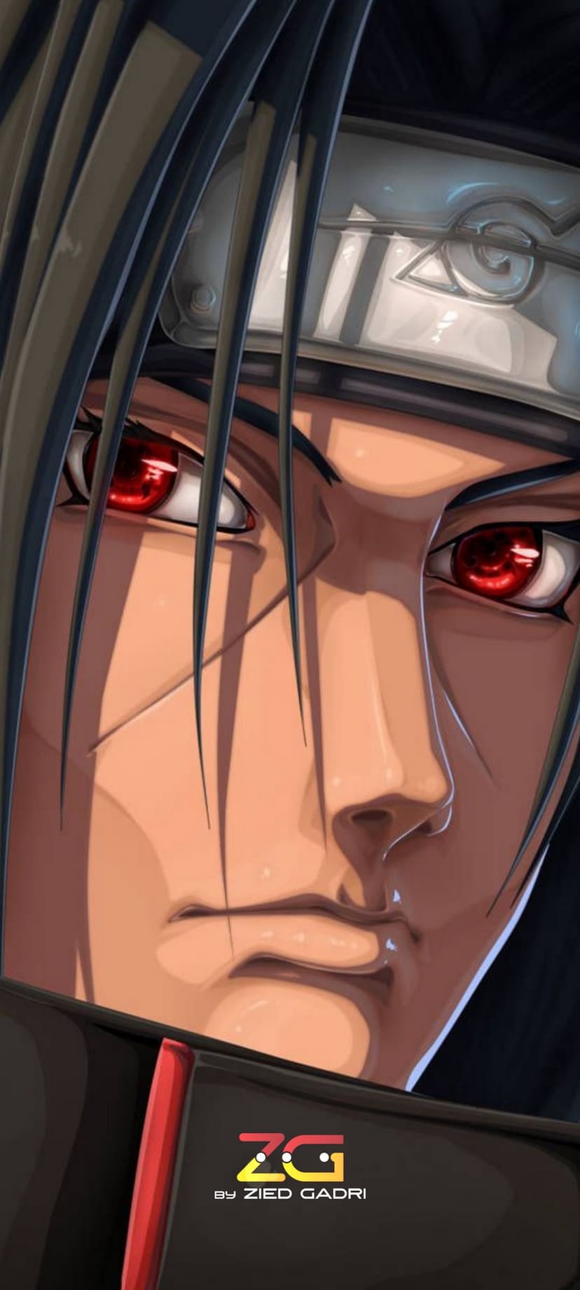 Itachi Uchiha with glowing red Sharingan eyes and a scratched Konoha headband in a detailed close-up portrait.