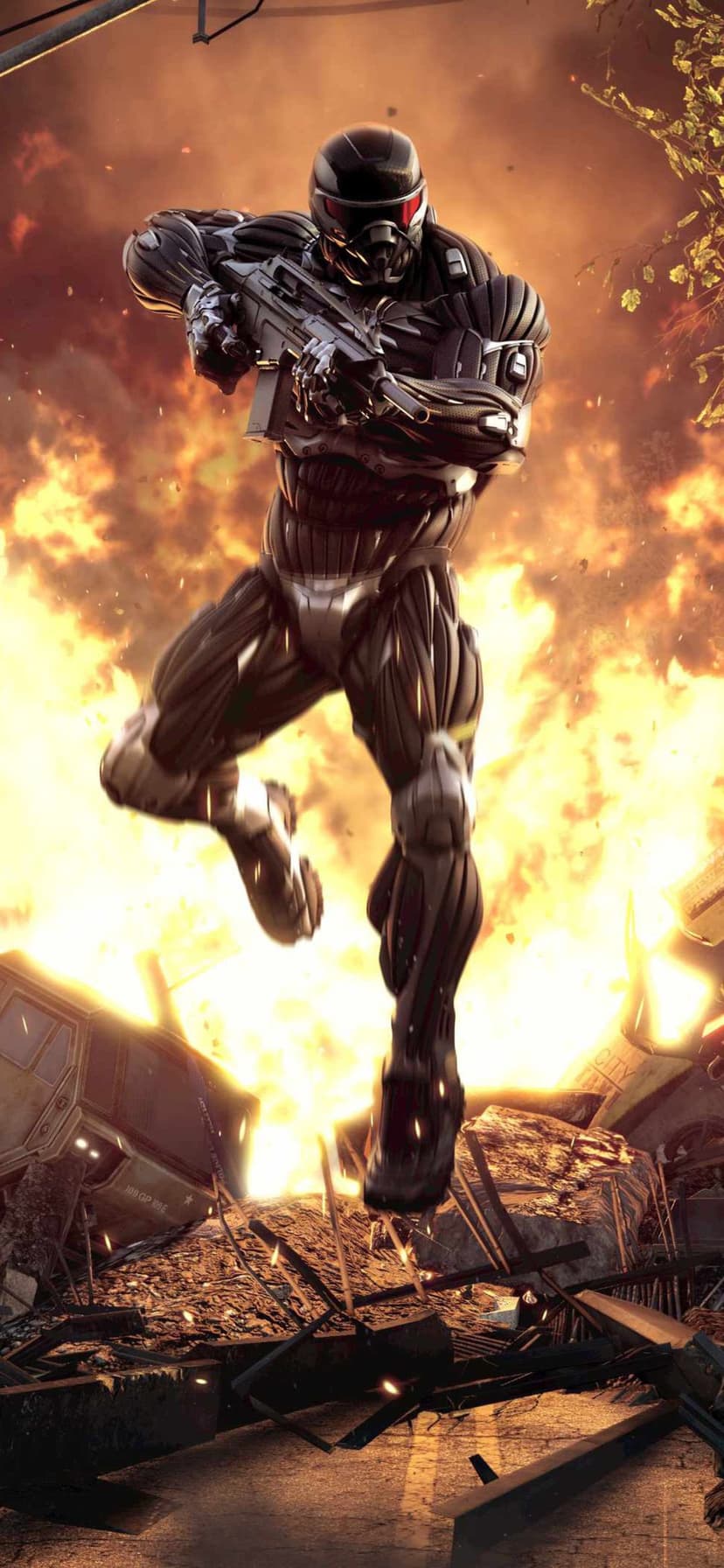 A soldier in high-tech black armor jumps through a massive orange explosion over shattered urban debris.