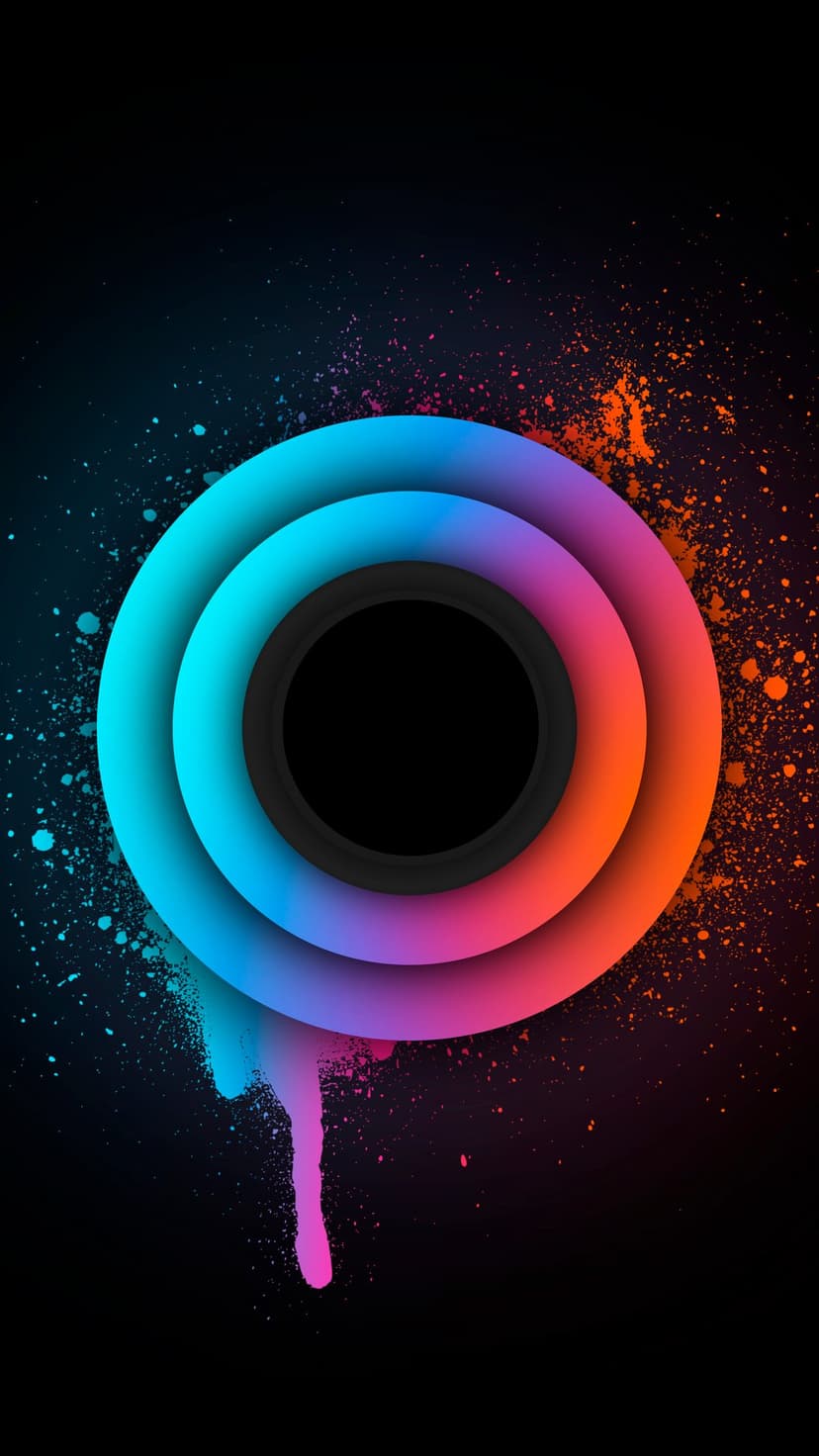 Three glowing concentric rings in blue and orange splash droplets of liquid paint across a solid black background.