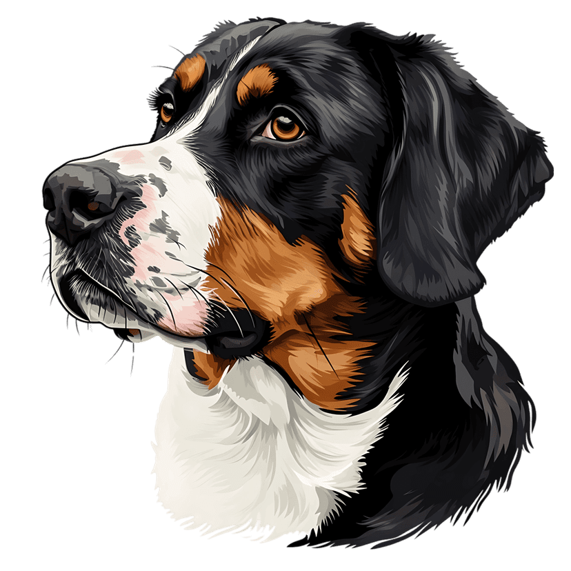 Bernese mountain dog side profile digital painting showing thick tri-color fur and brown eyes on black background.
