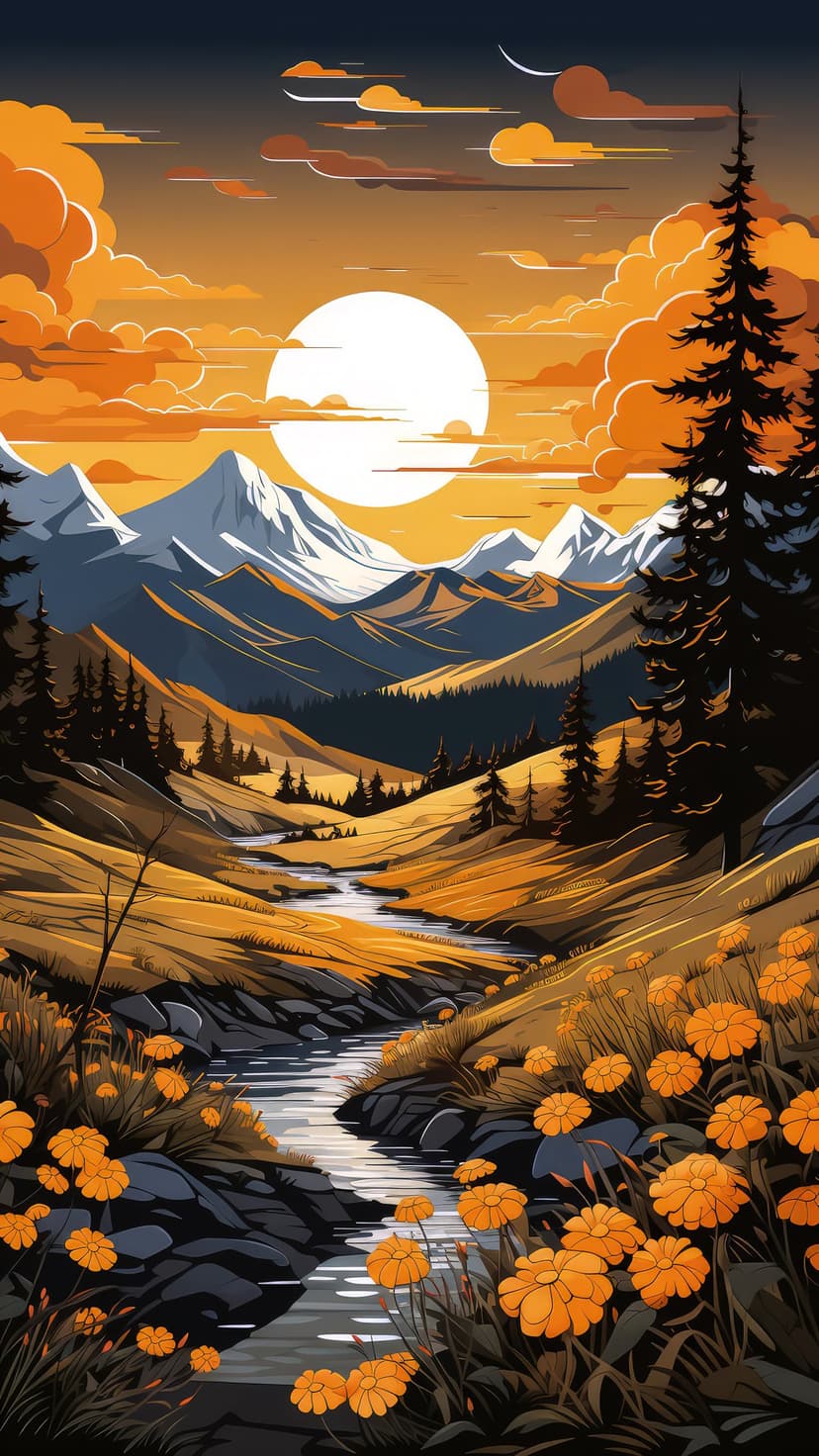 Orange marigolds bloom near a winding stream in a mountain valley under a bright setting sun and orange clouds.