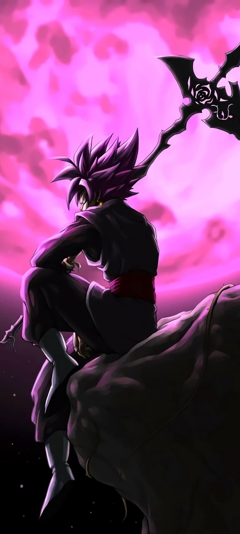 Goku Black sits on a dark shadowed beast holding a scythe against a backdrop of swirling vibrant pink clouds.