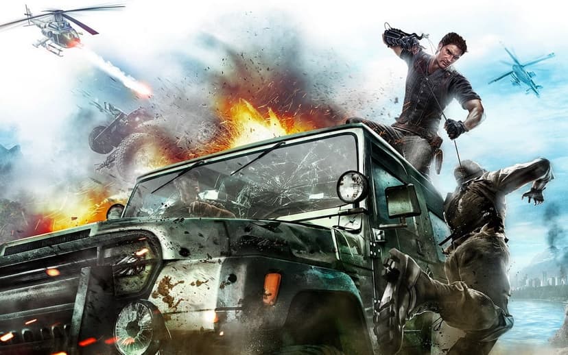 Rico Rodriguez fights on a moving green SUV during a massive explosion with helicopters in the background.