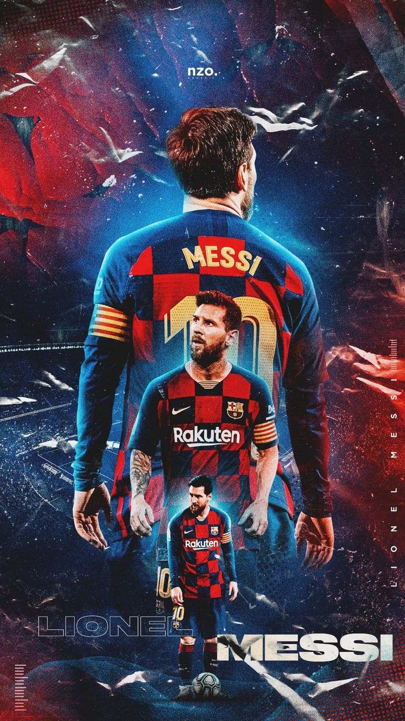 Lionel Messi wearing a red and blue Barcelona jersey performs several football celebrations over abstract shapes.