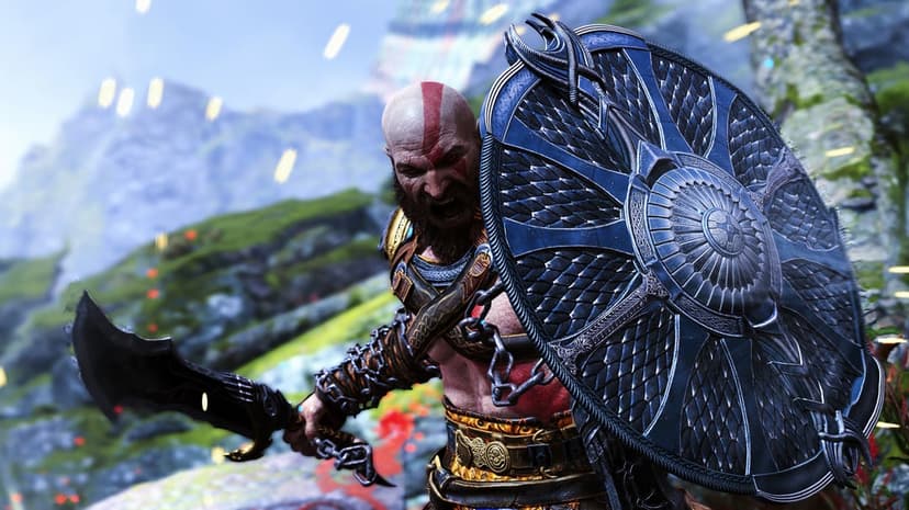 Kratos warrior stands in a cinematic pose wearing detailed leather armor and holding a glowing blue axe.