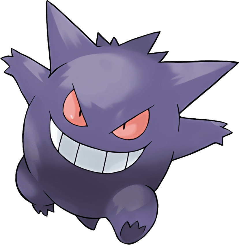 Gengar ghost Pokémon illustration featuring purple rounded body, red eyes, and wide grinning mouth on transparent base.