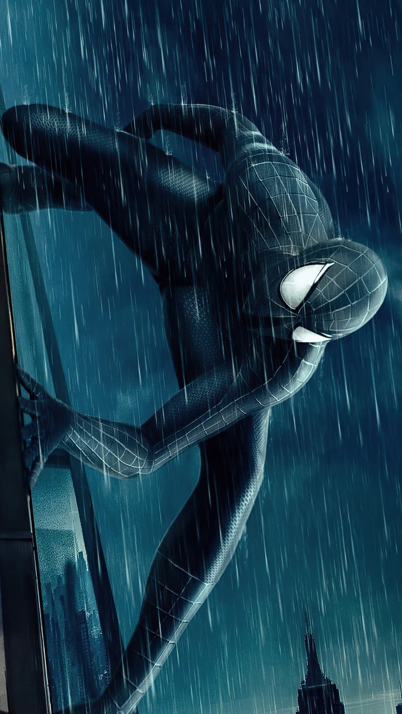 Spider-Man in a black suit clings to a wet skyscraper wall as heavy rain falls against a dark city background.