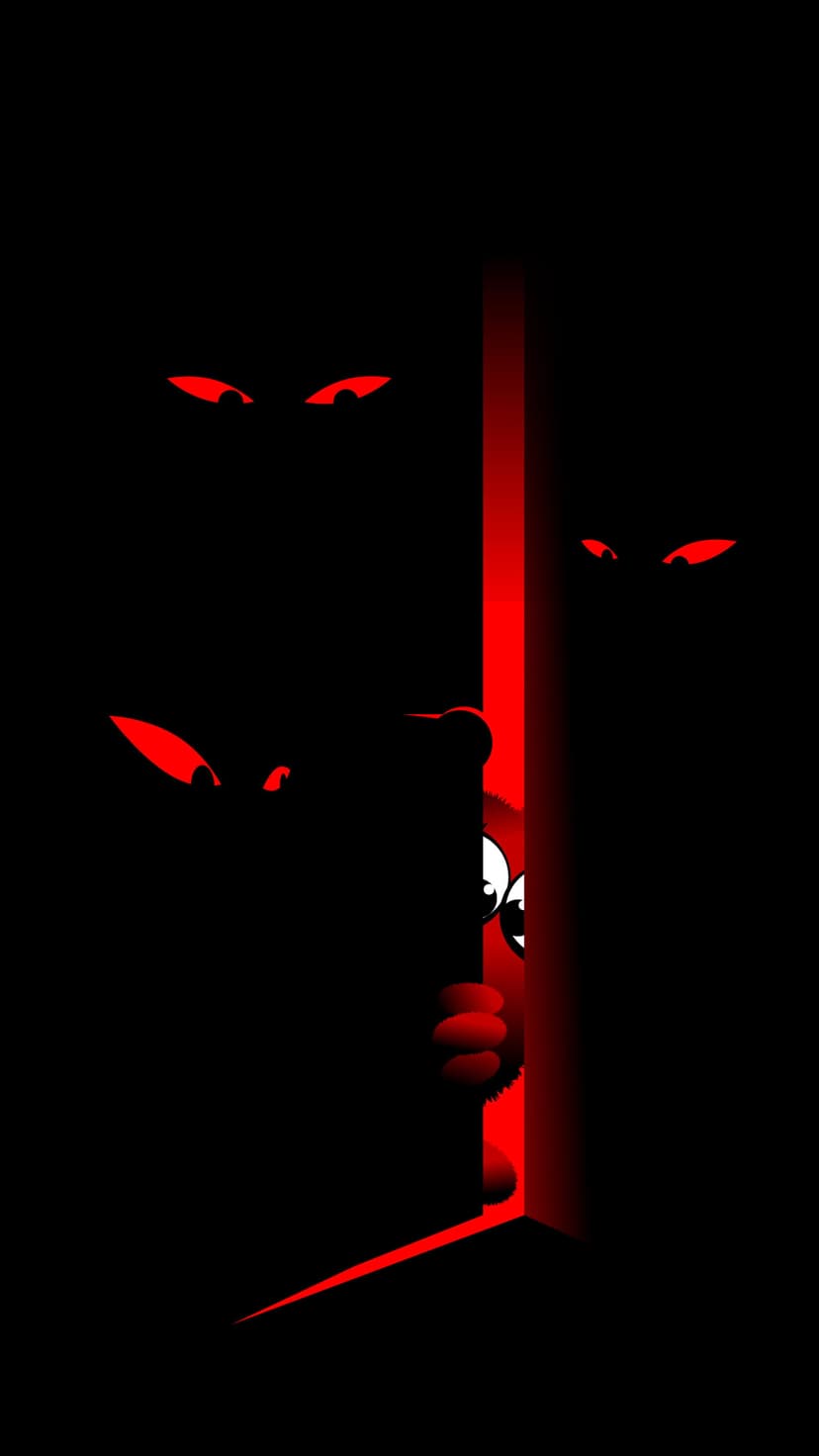 Small fuzzy creature peeks from a red doorway while glowing red eyes watch from the dark shadowy background.