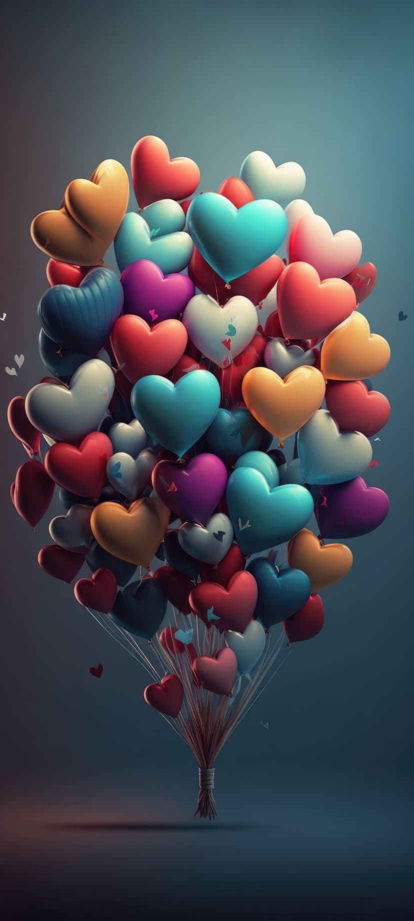 Translucent heart balloons in red, blue, and purple cluster together against a dark, atmospheric background.