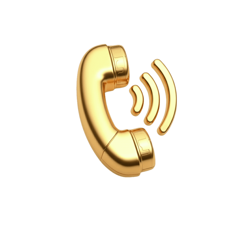 Gold telephone receiver icon with metallic ringing vibrations rendered in 3D on a transparent background.
