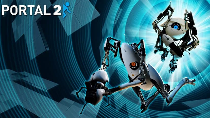Atlas and P-Body robots jump through blue swirling energy portals in a high-contrast gaming scene.