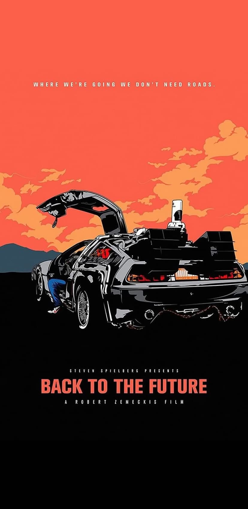 DeLorean time machine with open gull-wing doors parked under a bright orange sunset sky with a famous quote.