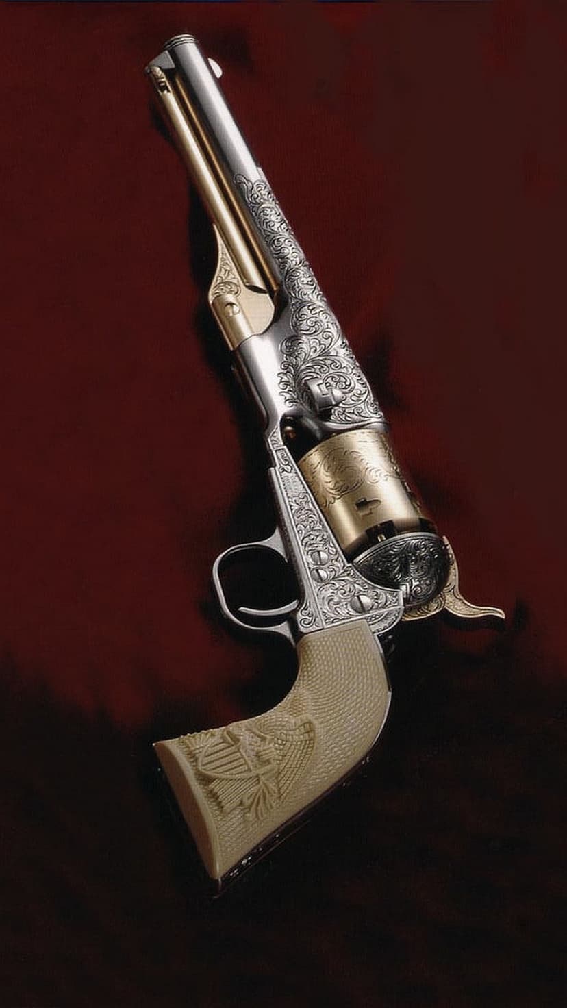 Engraved Colt revolver with gold scrollwork and ivory eagle grips positioned against a dark red velvet surface.