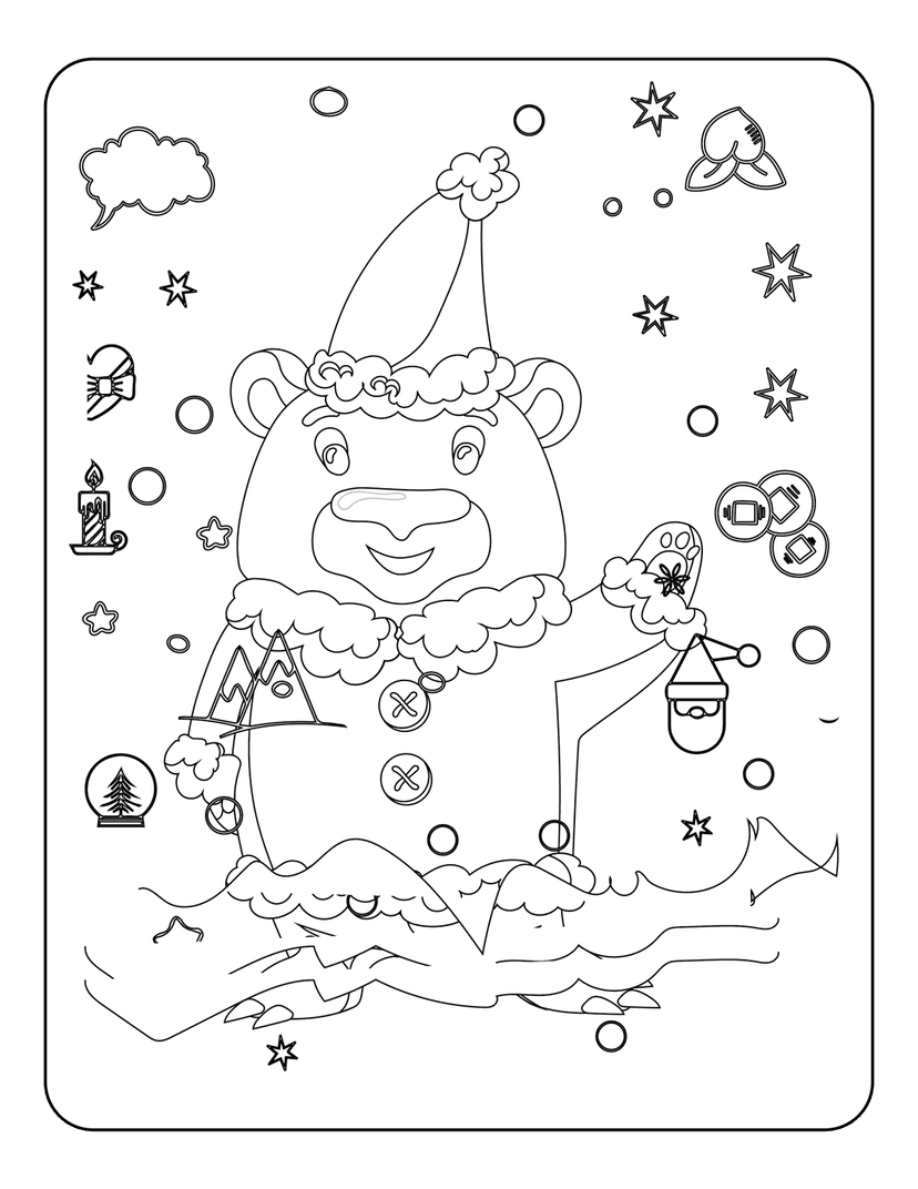 Bear coloring page character wears a Santa hat while holding a lantern near a snow globe and floating stars.