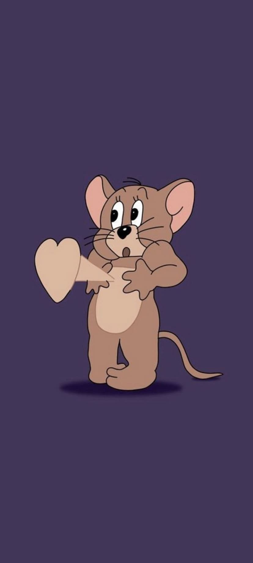 Jerry the mouse stands holding a red heart against a dark purple background for a minimalist phone backdrop.
