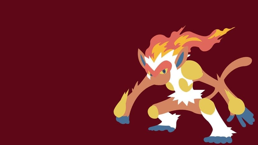 Infernape Pokémon in a dynamic crouch with flaming crown against a solid dark maroon background.
