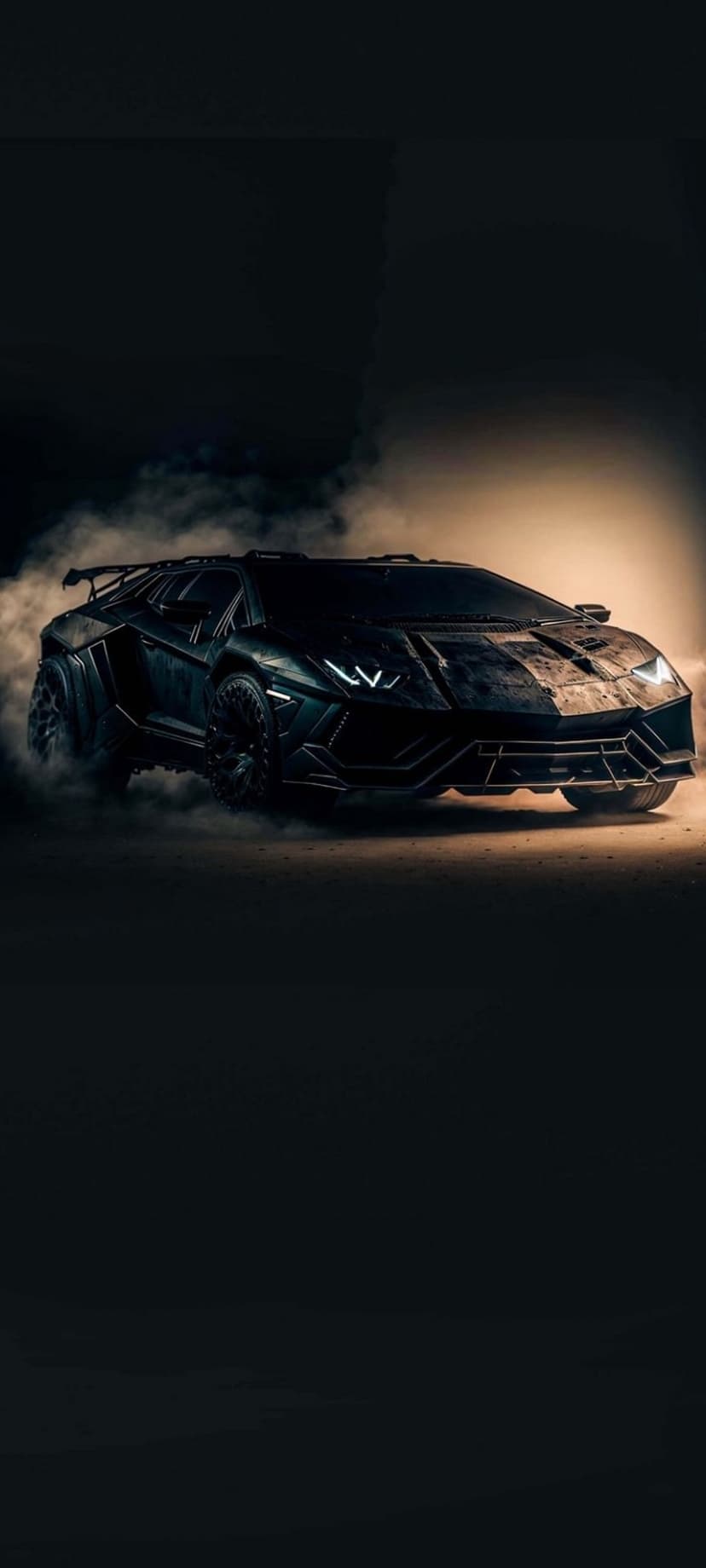 Black Lamborghini SUV with glowing headlights driving through thick grey smoke and dust in a dark setting.