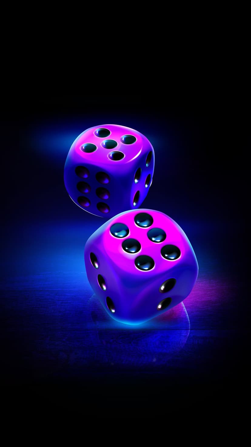 Two purple dice illuminated by blue neon lights with visible black pips against a dark, shadowy background.