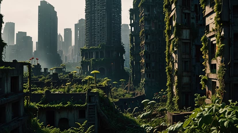 Overgrown skyscrapers with green vines and moss stand against a hazy sky in a quiet abandoned city landscape.
