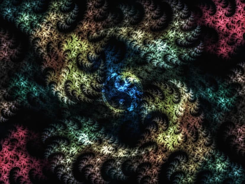 Yin Yang symbol centered within a multi-colored fractal vortex of neon blue, pink, and yellow light spirals.