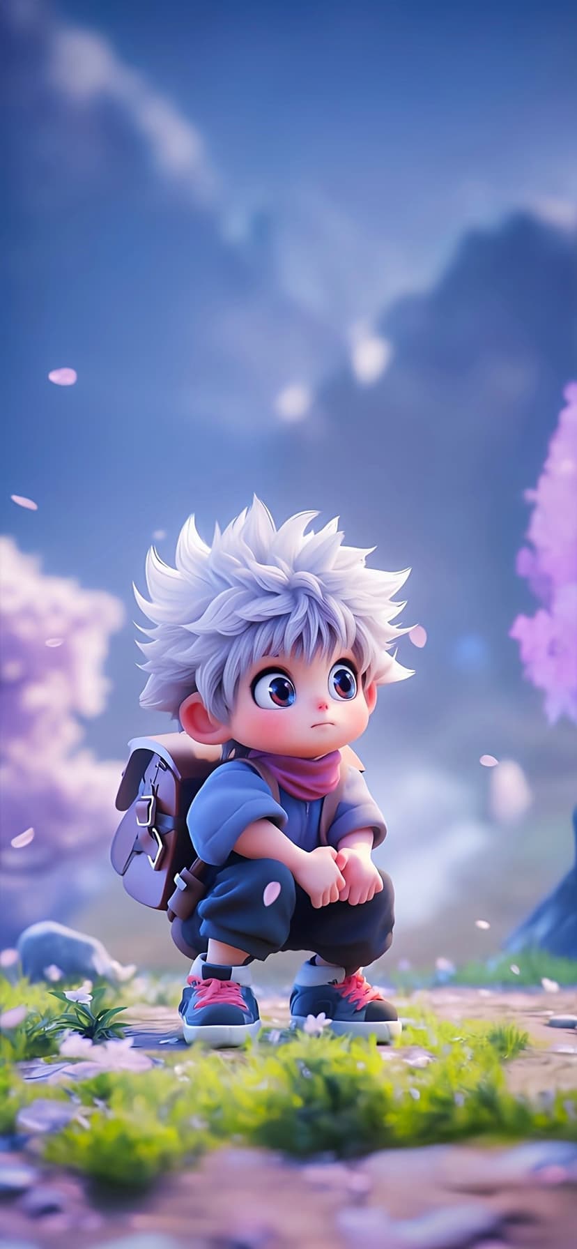 White-haired anime boy with a backpack and red scarf crouches in green grass with floating pink flower petals.