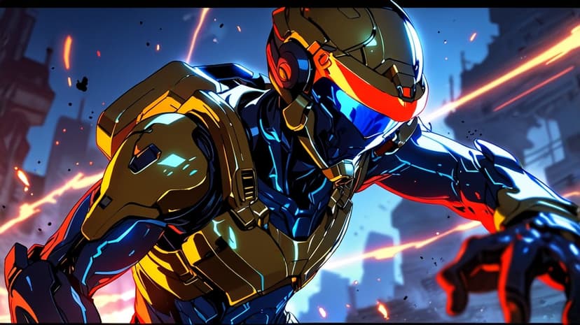 Cybernetic warrior with a red visor and glowing blue armor extends a robotic hand in a neon-lit urban alleyway.