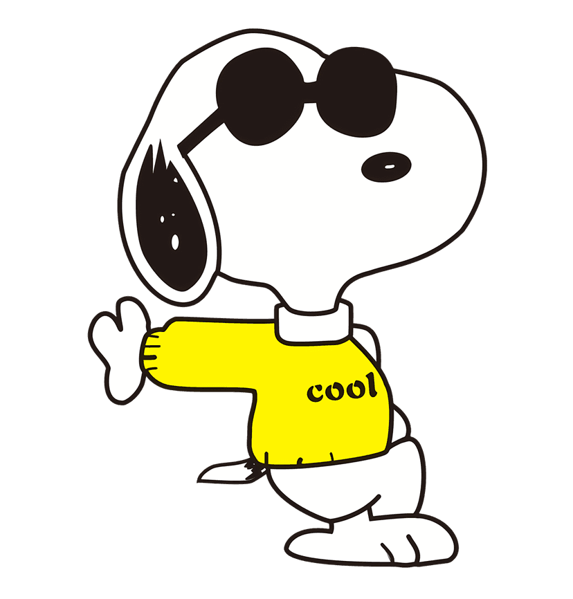 Snoopy Beagle character wearing black sunglasses and a yellow sweater stands in a profile pose on clear background.