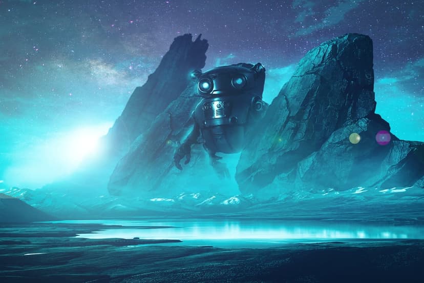 Giant dark robot with glowing blue eyes perched between jagged mountains near reflective water under a starry sky.