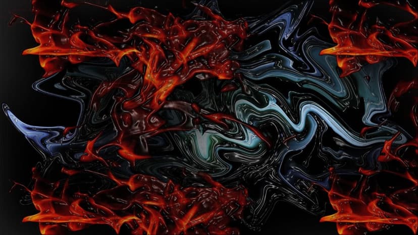 Swirling crimson and orange fluid forms mimic molten lava meeting wisps of dark blue and black smoke.