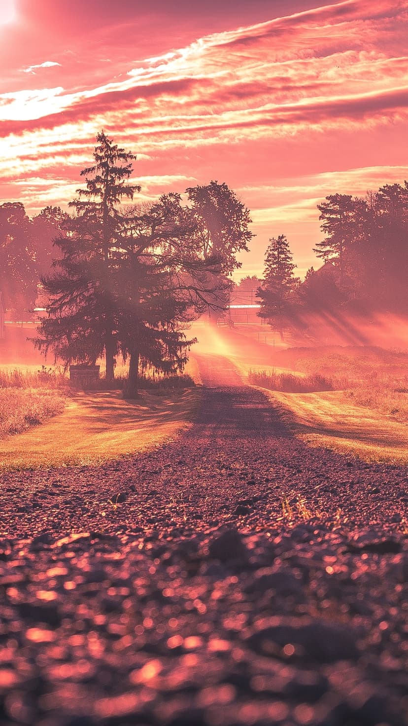 Winding country road leads toward a glowing orange sunset with mist rising from grassy fields and silhouetted trees.