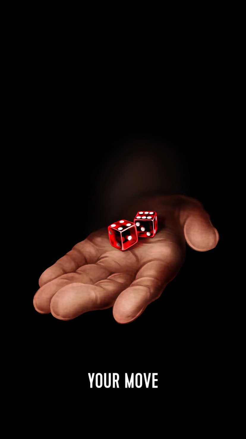 Hand holding two red dice next to white Your Move text against a dark background in a vertical composition.