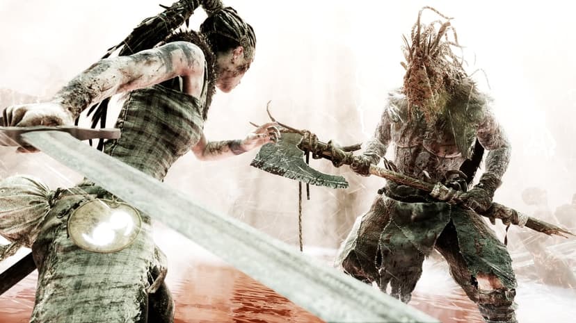 Senua fights a horned monster with an axe above a pool of blood in a bright, atmospheric battle scene.