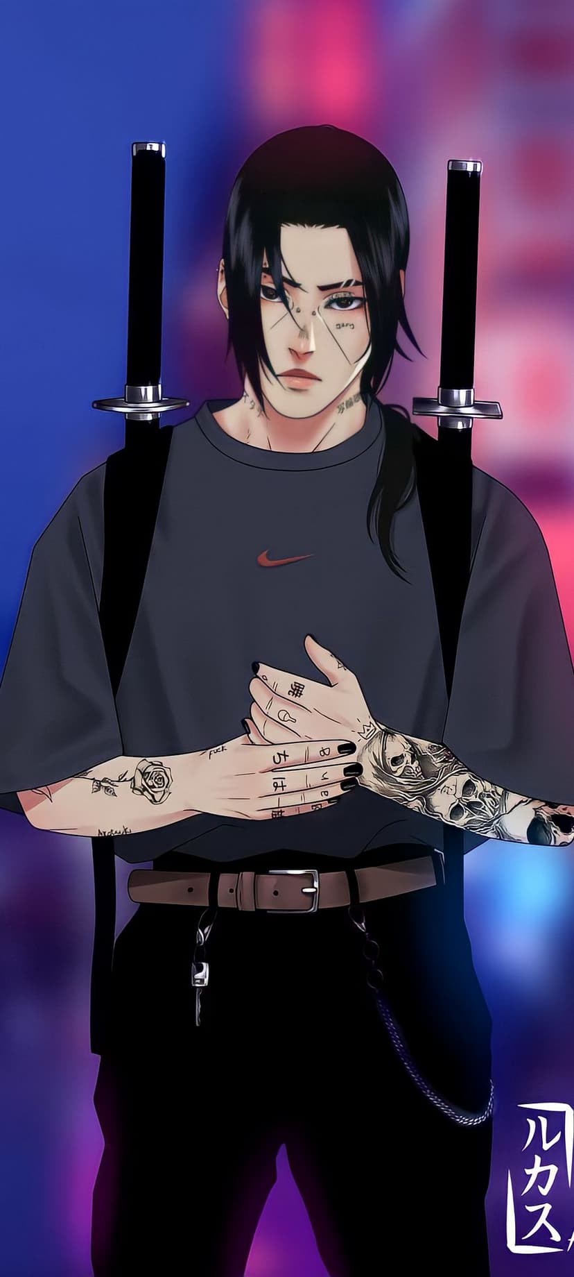 Tattooed man with black hair and dual swords on his back stands amidst blue and pink neon light reflections.