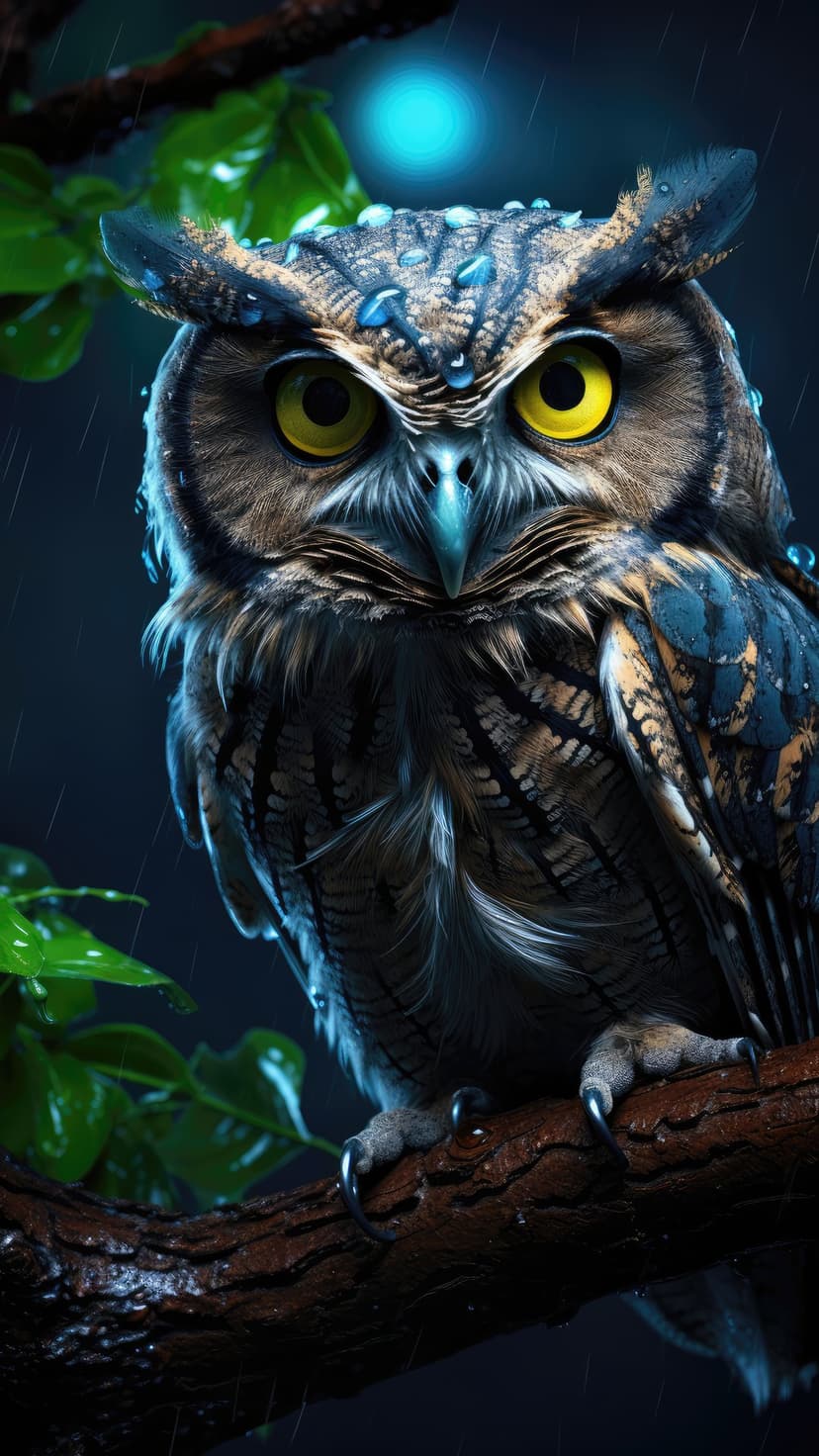 Golden-eyed owl with wet feathers perches on a mossy branch during a gentle rainfall in a dark nocturnal forest.