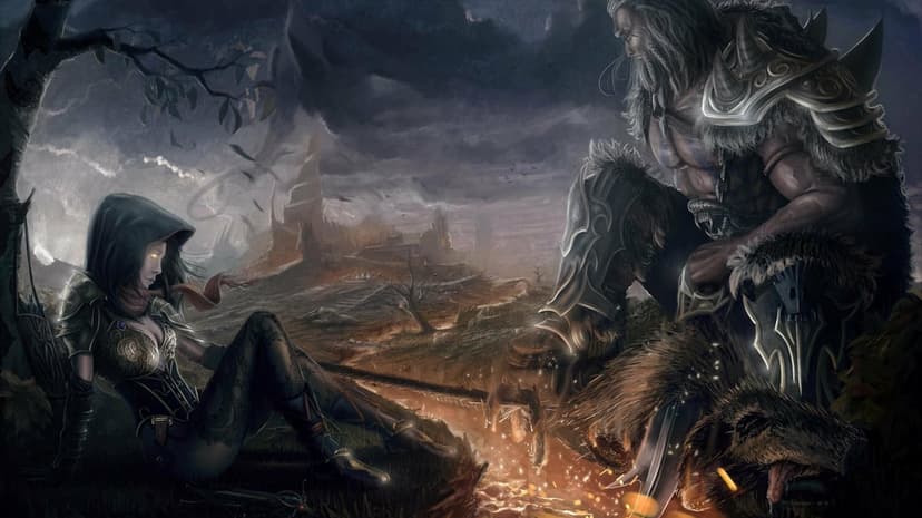Demon Hunter and armored Barbarian sit by a glowing campfire in a dark, ruined gothic fantasy landscape.