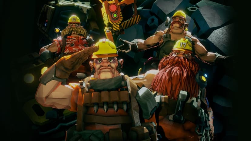 Four bearded space dwarves in yellow hard hats posing together in a dark industrial mining cavern environment.