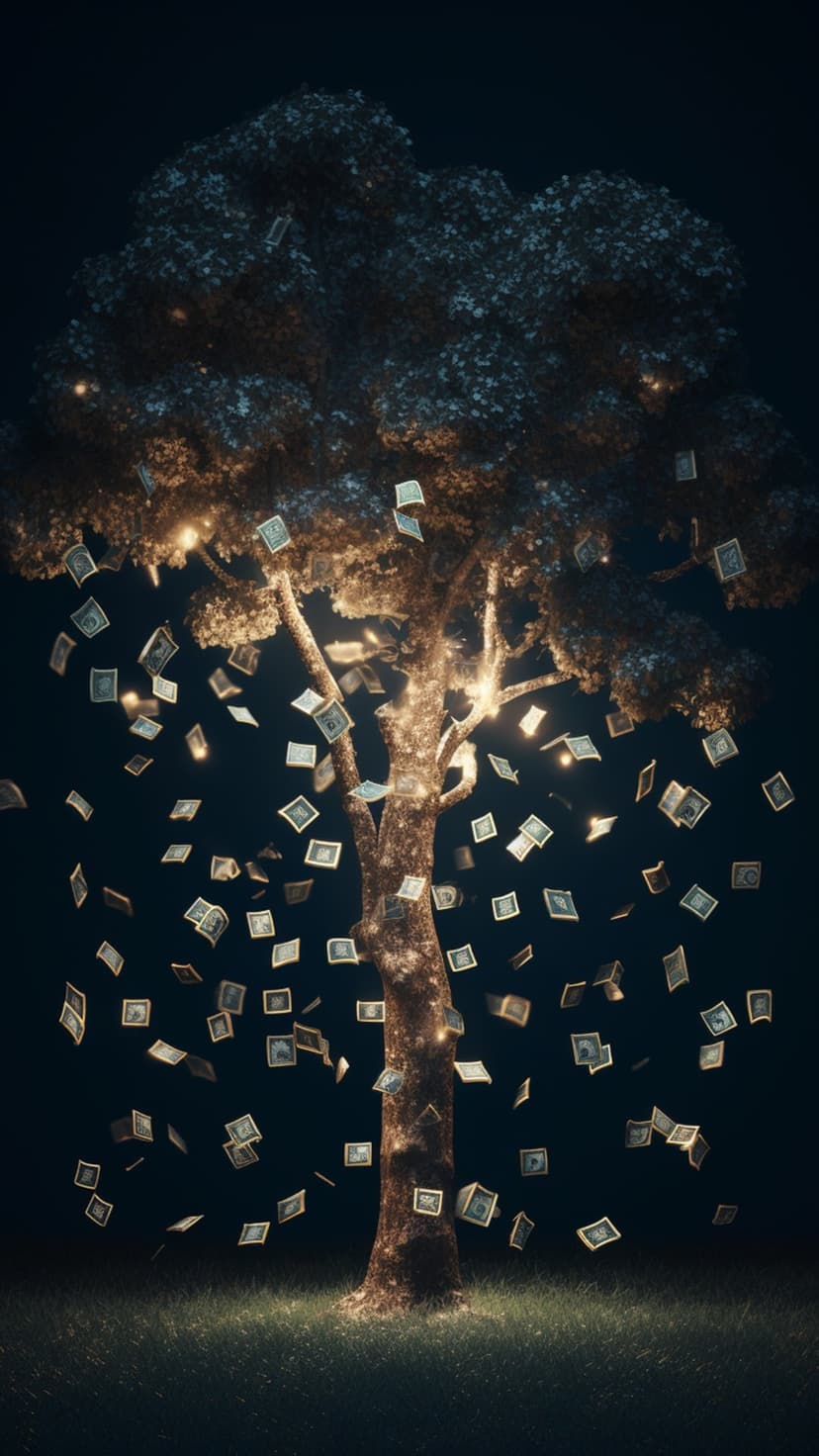Money tree with green dollar bill leaves and falling banknotes against a soft-focus, golden-lit background.