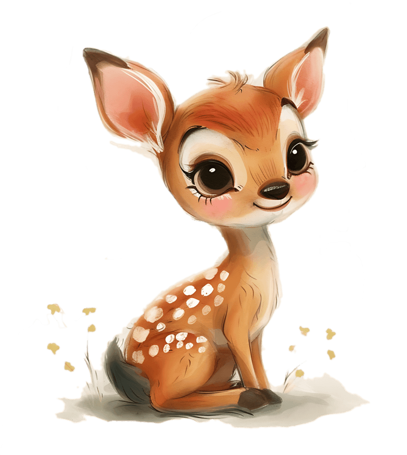 Brown deer fawn illustration featuring large dark eyes, white fur spots, and blonde hair on a black background.
