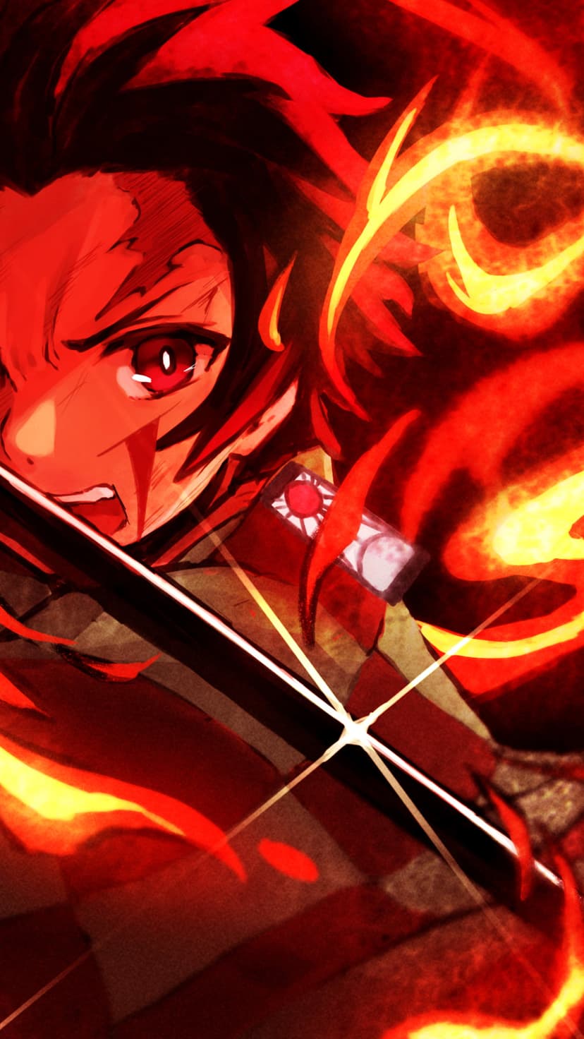 Tanjiro Kamado swings a blade surrounded by orange flames and glowing embers against a dark background.