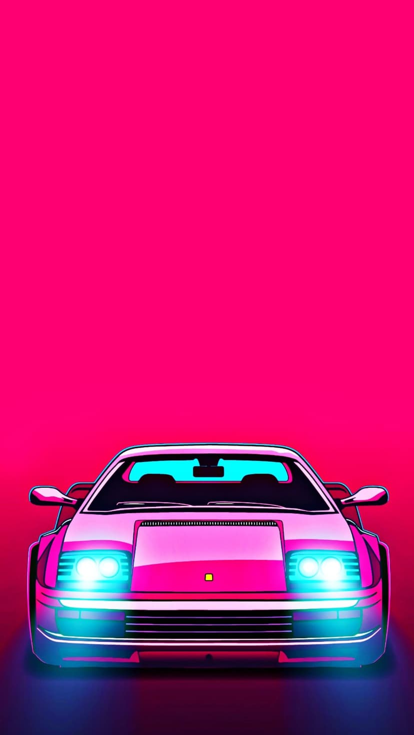 Pink sports car with glowing blue headlights centered on a solid magenta background in a vertical composition.