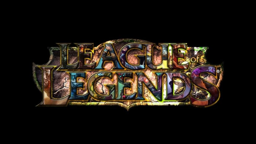 League of Legends stone-textured logo filled with champion portraits and gold trim on a solid black background.
