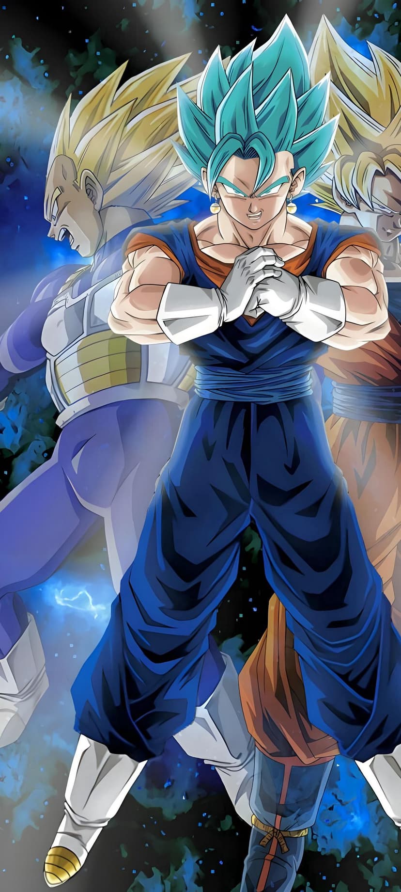 Vegito with blue hair stands in a combat stance while silhouettes of Goku and Vegeta appear in the background.