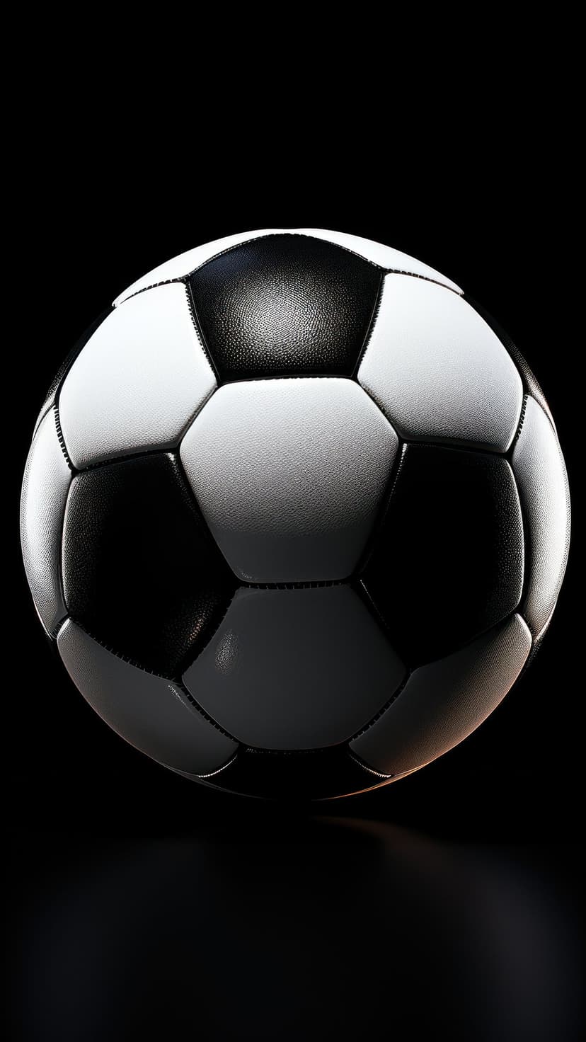 Soccer ball with textured hexagonal panels and white stitching rests against a solid black studio background.