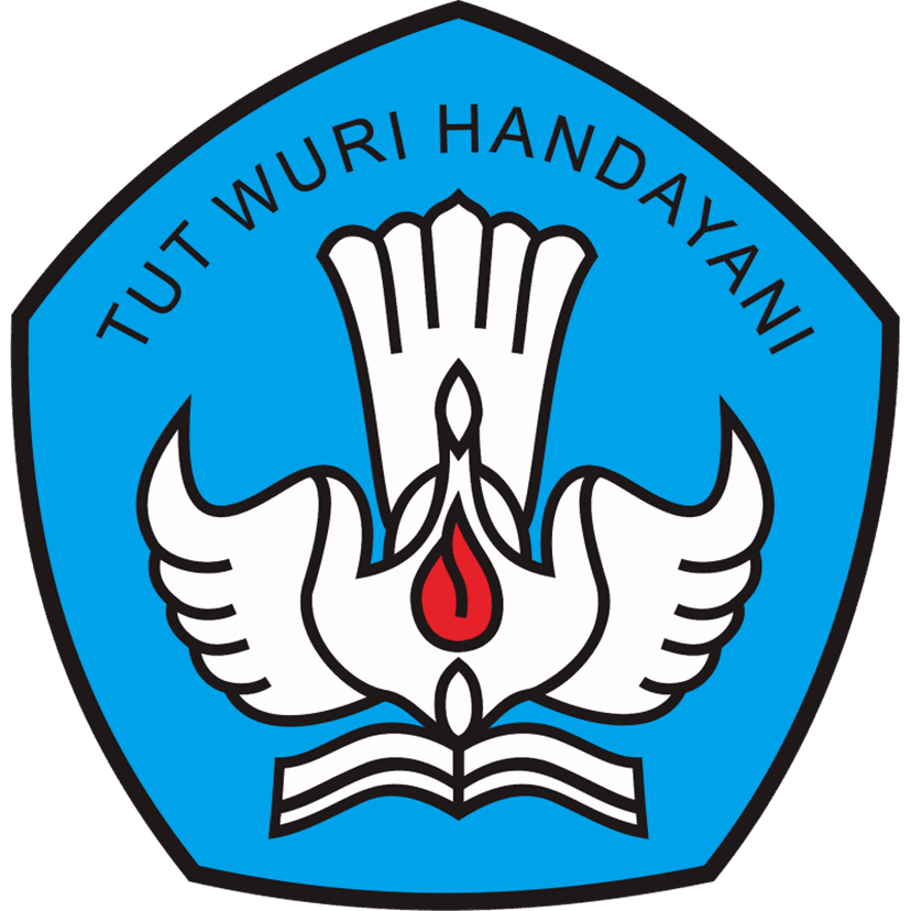 Tut Wuri Handayani emblem featuring a blue flame and stylized book on a white background with sharp outlines.