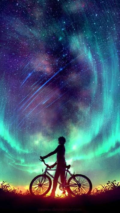 Starlit Aurora Meteor Shower Boy on Bike Phone Wallpaper