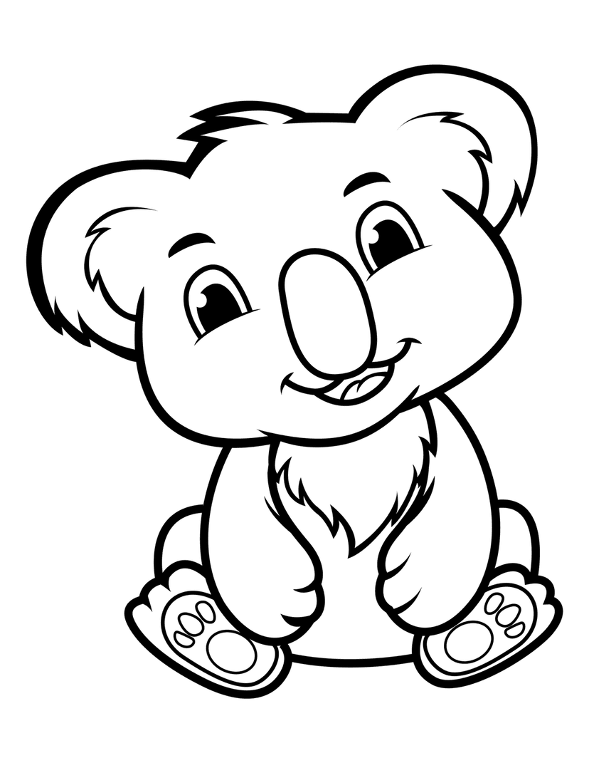 Koala coloring page featuring a front-facing marsupial with fluffy ears, large nose, and clear black outlines.