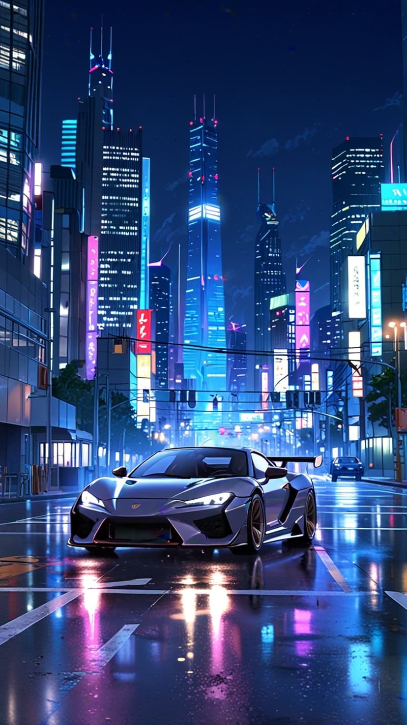 Futuristic supercar driving on wet asphalt reflecting purple and blue neon lights from city skyscrapers.